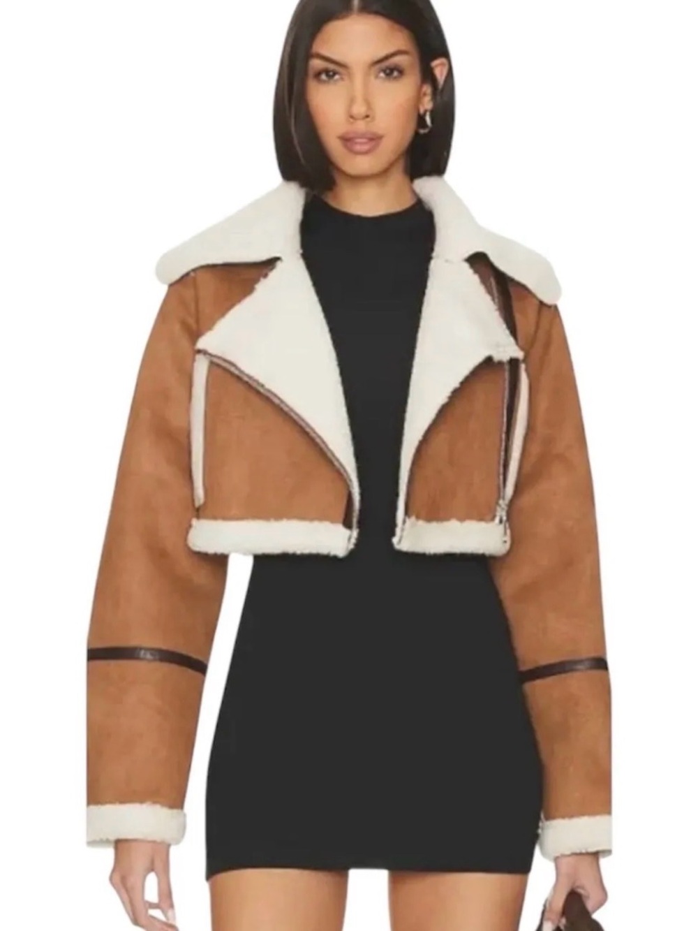 Adrienne Landau Cropped Faux Shearling Aviator Jacket - Brown/White
